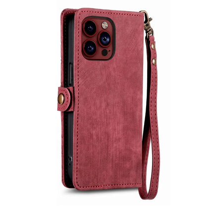 For iPhone 14 Pro Max Geometry Texture Stand Phone Case Wallet Phone Cover with Wrist Strap