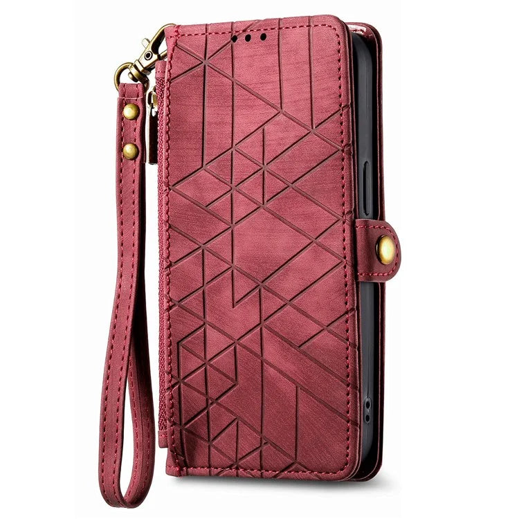 For iPhone 14 Pro Max Geometry Texture Stand Phone Case Wallet Phone Cover with Wrist Strap