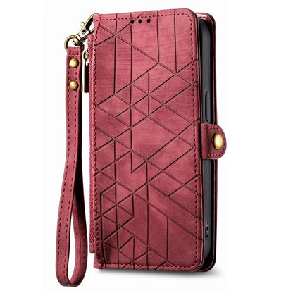 For iPhone 14 Pro Max Geometry Texture Stand Phone Case Wallet Phone Cover with Wrist Strap