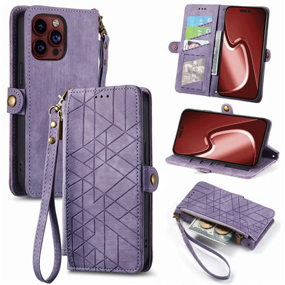 For iPhone 14 Pro Max Geometry Texture Stand Phone Case Wallet Phone Cover with Wrist Strap
