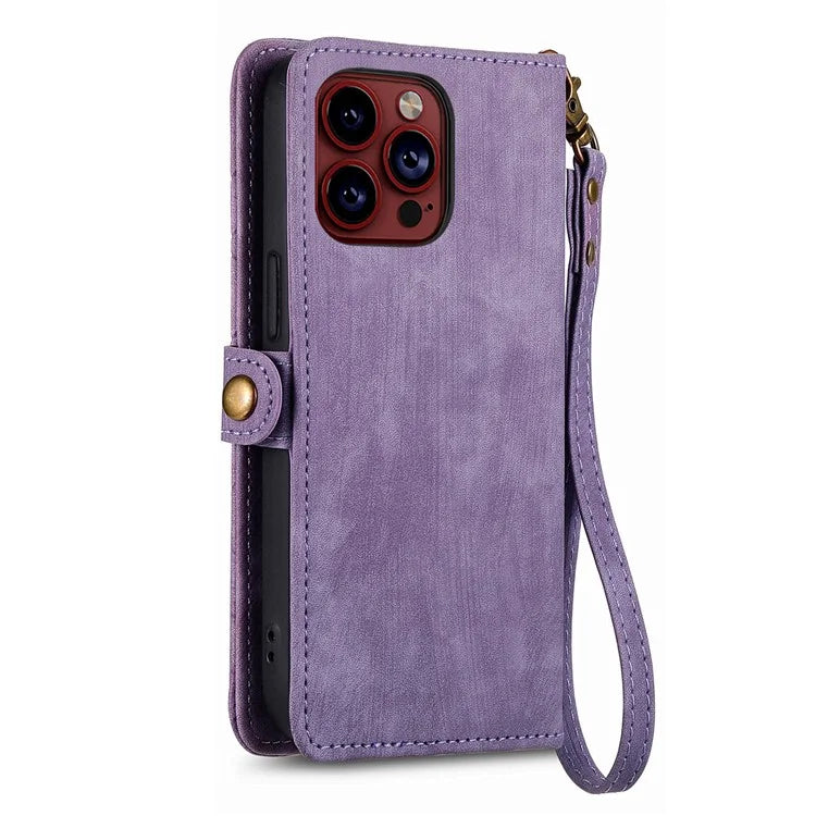 For iPhone 14 Pro Max Geometry Texture Stand Phone Case Wallet Phone Cover with Wrist Strap