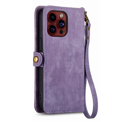 For iPhone 14 Pro Max Geometry Texture Stand Phone Case Wallet Phone Cover with Wrist Strap