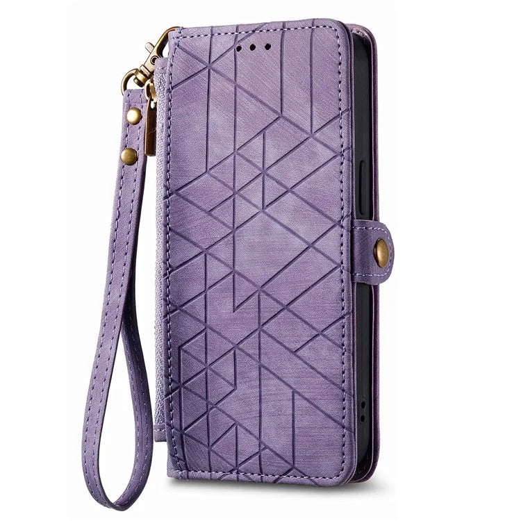 For iPhone 14 Pro Max Geometry Texture Stand Phone Case Wallet Phone Cover with Wrist Strap