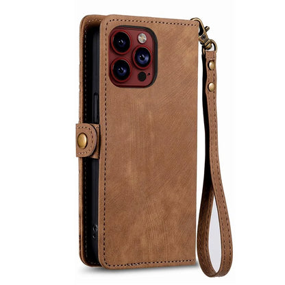 For iPhone 14 Pro Max Geometry Texture Stand Phone Case Wallet Phone Cover with Wrist Strap