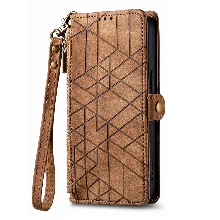 For iPhone 14 Pro Max Geometry Texture Stand Phone Case Wallet Phone Cover with Wrist Strap