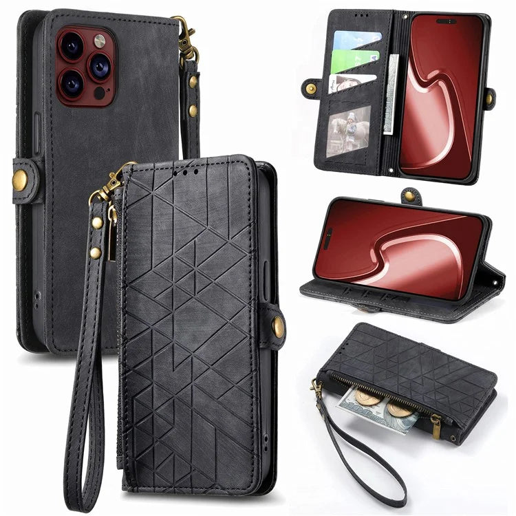 For iPhone 14 Pro Max Geometry Texture Stand Phone Case Wallet Phone Cover with Wrist Strap