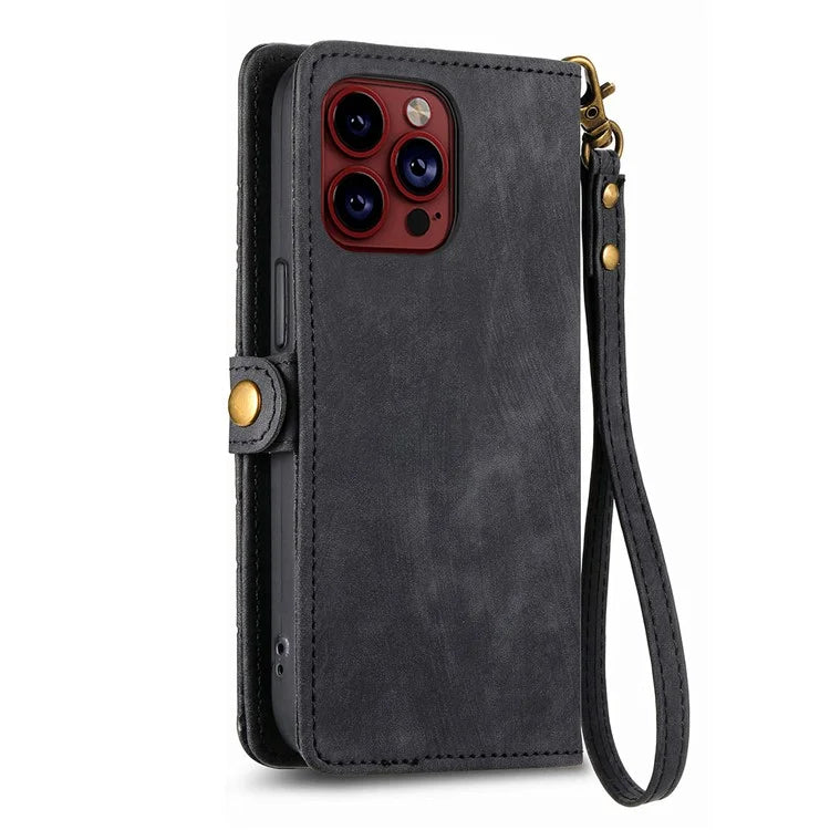 For iPhone 14 Pro Max Geometry Texture Stand Phone Case Wallet Phone Cover with Wrist Strap