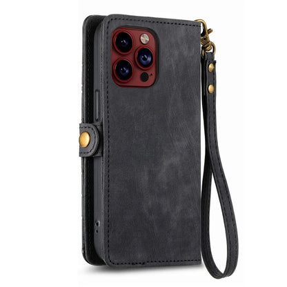 For iPhone 14 Pro Max Geometry Texture Stand Phone Case Wallet Phone Cover with Wrist Strap