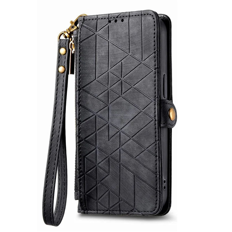 For iPhone 14 Pro Max Geometry Texture Stand Phone Case Wallet Phone Cover with Wrist Strap