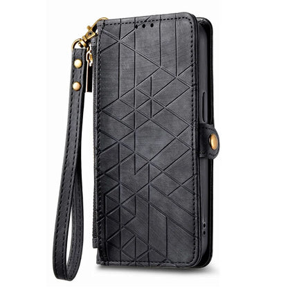 For iPhone 14 Pro Max Geometry Texture Stand Phone Case Wallet Phone Cover with Wrist Strap