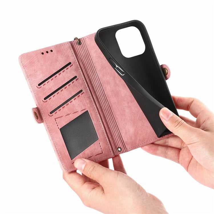 For iPhone 14 Pro Anti-Scratch Phone Cover Geometry Zipper Stand Phone Case Wallet with Wrist Strap