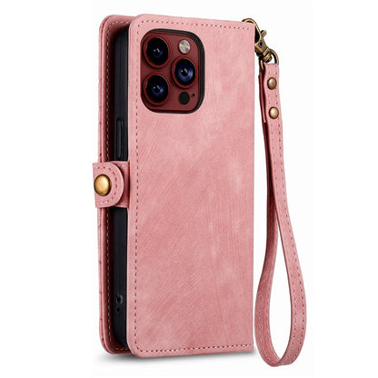 For iPhone 14 Pro Anti-Scratch Phone Cover Geometry Zipper Stand Phone Case Wallet with Wrist Strap