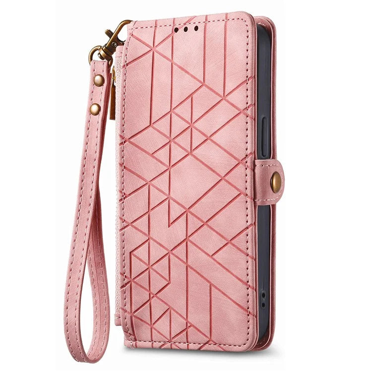 For iPhone 14 Pro Anti-Scratch Phone Cover Geometry Zipper Stand Phone Case Wallet with Wrist Strap