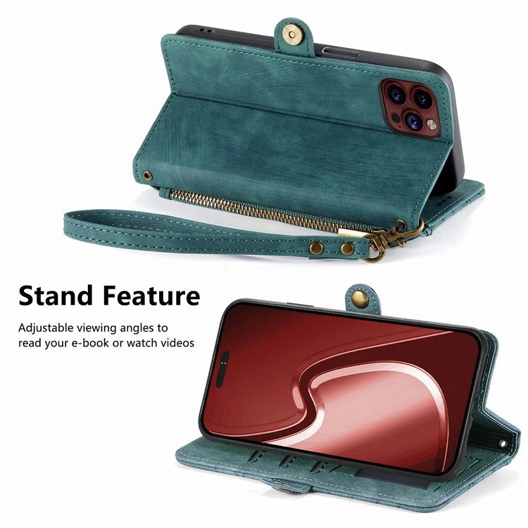 For iPhone 14 Pro Anti-Scratch Phone Cover Geometry Zipper Stand Phone Case Wallet with Wrist Strap