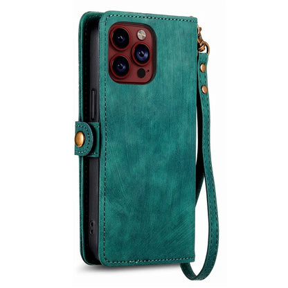 For iPhone 14 Pro Anti-Scratch Phone Cover Geometry Zipper Stand Phone Case Wallet with Wrist Strap