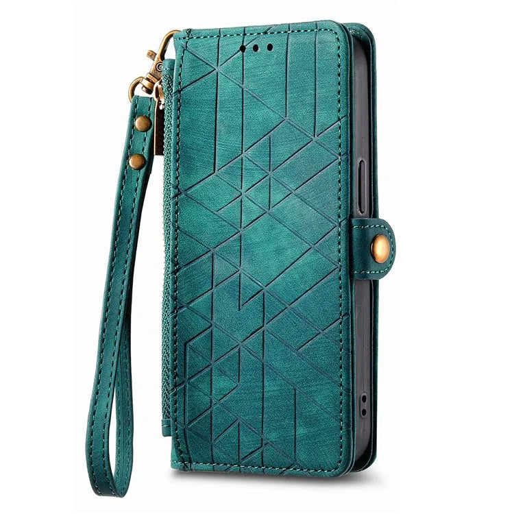 For iPhone 14 Pro Anti-Scratch Phone Cover Geometry Zipper Stand Phone Case Wallet with Wrist Strap