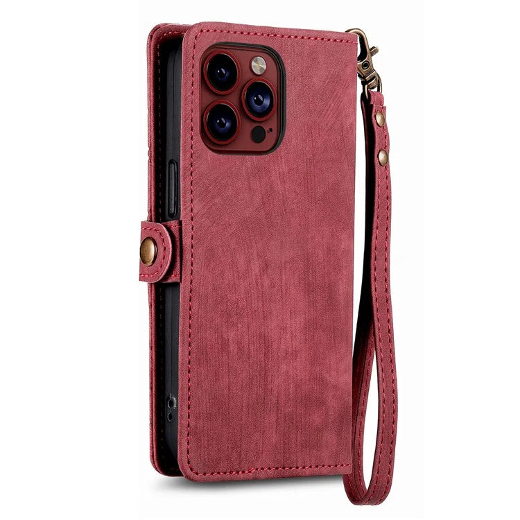 For iPhone 14 Pro Anti-Scratch Phone Cover Geometry Zipper Stand Phone Case Wallet with Wrist Strap