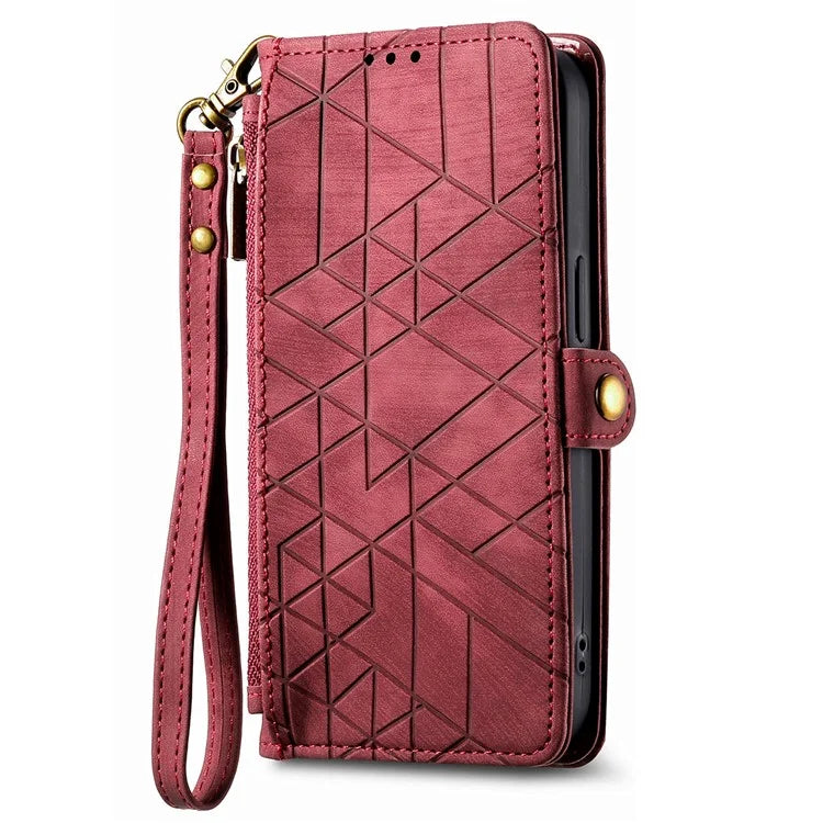 For iPhone 14 Pro Anti-Scratch Phone Cover Geometry Zipper Stand Phone Case Wallet with Wrist Strap
