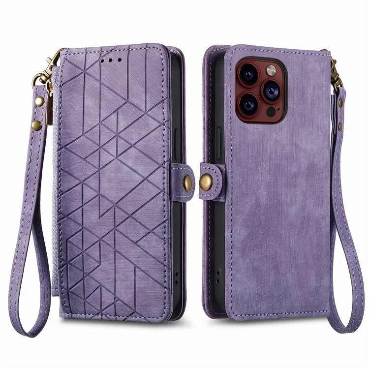 For iPhone 14 Pro Anti-Scratch Phone Cover Geometry Zipper Stand Phone Case Wallet with Wrist Strap