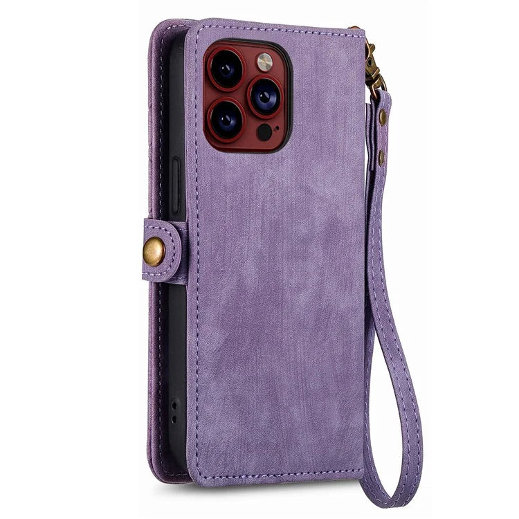 For iPhone 14 Pro Anti-Scratch Phone Cover Geometry Zipper Stand Phone Case Wallet with Wrist Strap