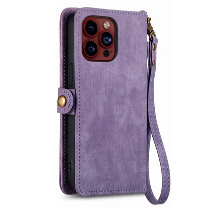 For iPhone 14 Pro Anti-Scratch Phone Cover Geometry Zipper Stand Phone Case Wallet with Wrist Strap