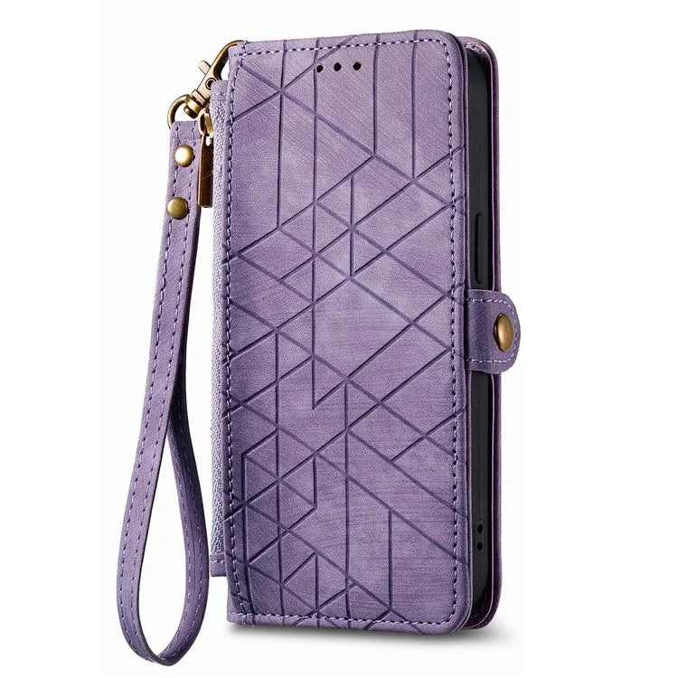 For iPhone 14 Pro Anti-Scratch Phone Cover Geometry Zipper Stand Phone Case Wallet with Wrist Strap