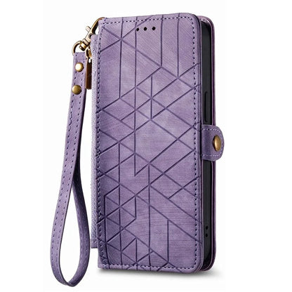 For iPhone 14 Pro Anti-Scratch Phone Cover Geometry Zipper Stand Phone Case Wallet with Wrist Strap