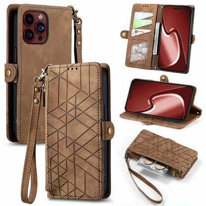 For iPhone 14 Pro Anti-Scratch Phone Cover Geometry Zipper Stand Phone Case Wallet with Wrist Strap