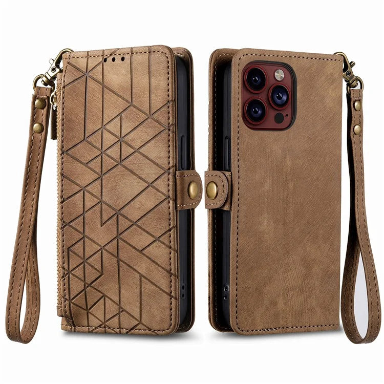 For iPhone 14 Pro Anti-Scratch Phone Cover Geometry Zipper Stand Phone Case Wallet with Wrist Strap
