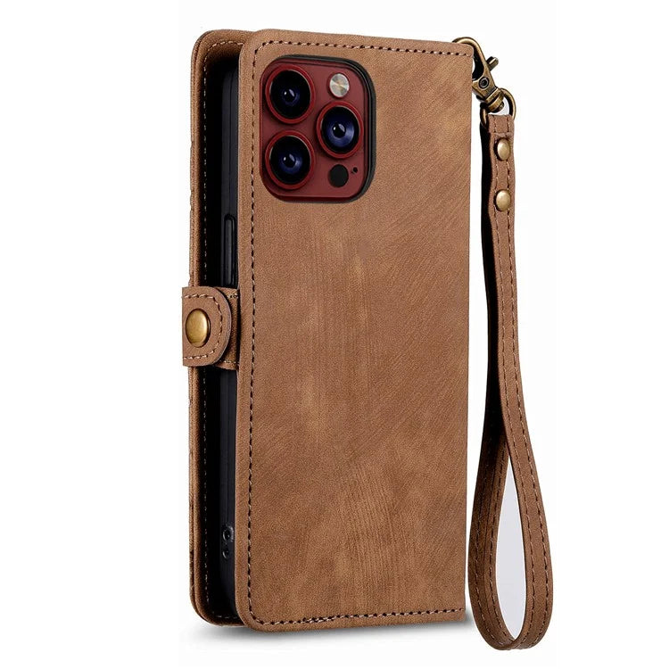 For iPhone 14 Pro Anti-Scratch Phone Cover Geometry Zipper Stand Phone Case Wallet with Wrist Strap