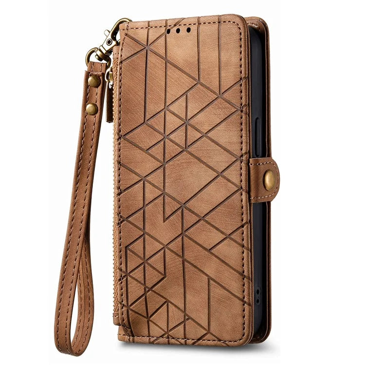 For iPhone 14 Pro Anti-Scratch Phone Cover Geometry Zipper Stand Phone Case Wallet with Wrist Strap