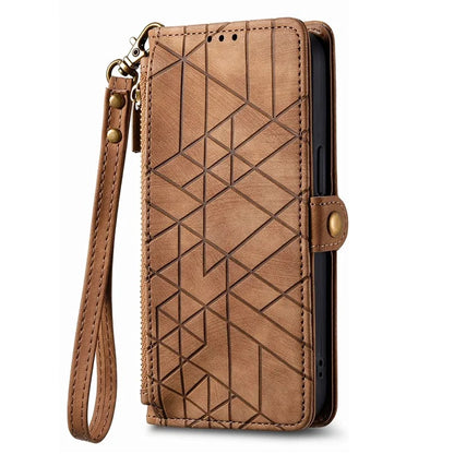 For iPhone 14 Pro Anti-Scratch Phone Cover Geometry Zipper Stand Phone Case Wallet with Wrist Strap