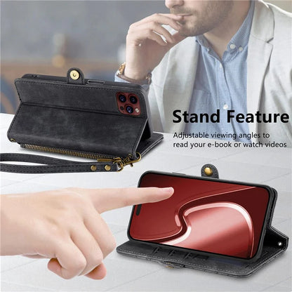 For iPhone 14 Pro Anti-Scratch Phone Cover Geometry Zipper Stand Phone Case Wallet with Wrist Strap