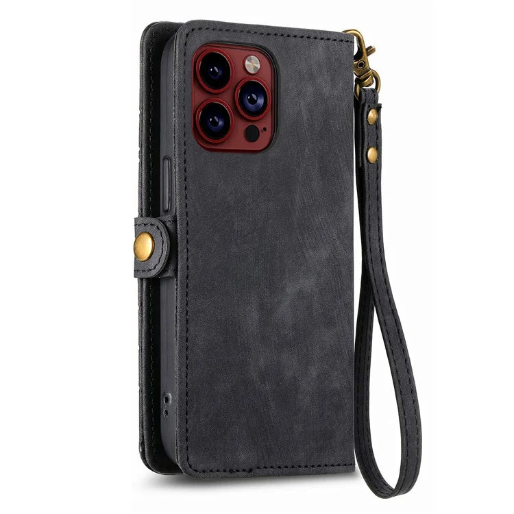 For iPhone 14 Pro Anti-Scratch Phone Cover Geometry Zipper Stand Phone Case Wallet with Wrist Strap