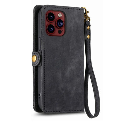 For iPhone 14 Pro Anti-Scratch Phone Cover Geometry Zipper Stand Phone Case Wallet with Wrist Strap