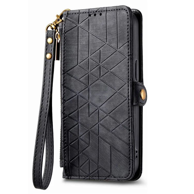 For iPhone 14 Pro Anti-Scratch Phone Cover Geometry Zipper Stand Phone Case Wallet with Wrist Strap