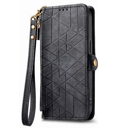 For iPhone 14 Pro Anti-Scratch Phone Cover Geometry Zipper Stand Phone Case Wallet with Wrist Strap