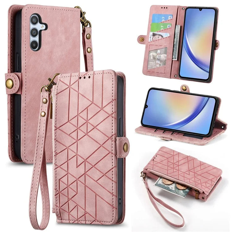 Flip Stand Phone Case for Samsung Galaxy A24 4G (162.1 X 77.6 X 8.3mm) Zipper Pocket Wallet Cell Phone Cover with Wrist Strap