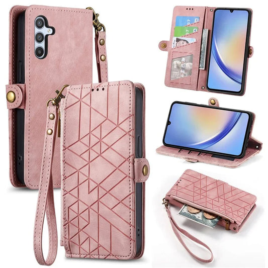 Flip Stand Phone Case for Samsung Galaxy A24 4G (162.1 X 77.6 X 8.3mm) Zipper Pocket Wallet Cell Phone Cover with Wrist Strap