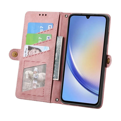 Flip Stand Phone Case for Samsung Galaxy A24 4G (162.1 X 77.6 X 8.3mm) Zipper Pocket Wallet Cell Phone Cover with Wrist Strap