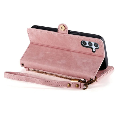 Flip Stand Phone Case for Samsung Galaxy A24 4G (162.1 X 77.6 X 8.3mm) Zipper Pocket Wallet Cell Phone Cover with Wrist Strap