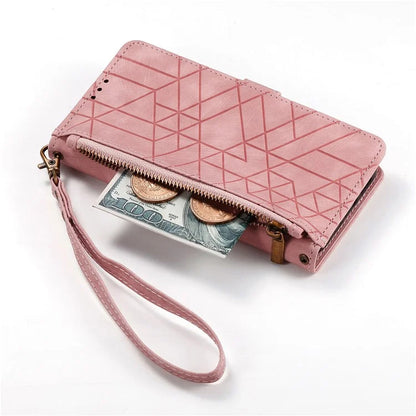 Flip Stand Phone Case for Samsung Galaxy A24 4G (162.1 X 77.6 X 8.3mm) Zipper Pocket Wallet Cell Phone Cover with Wrist Strap