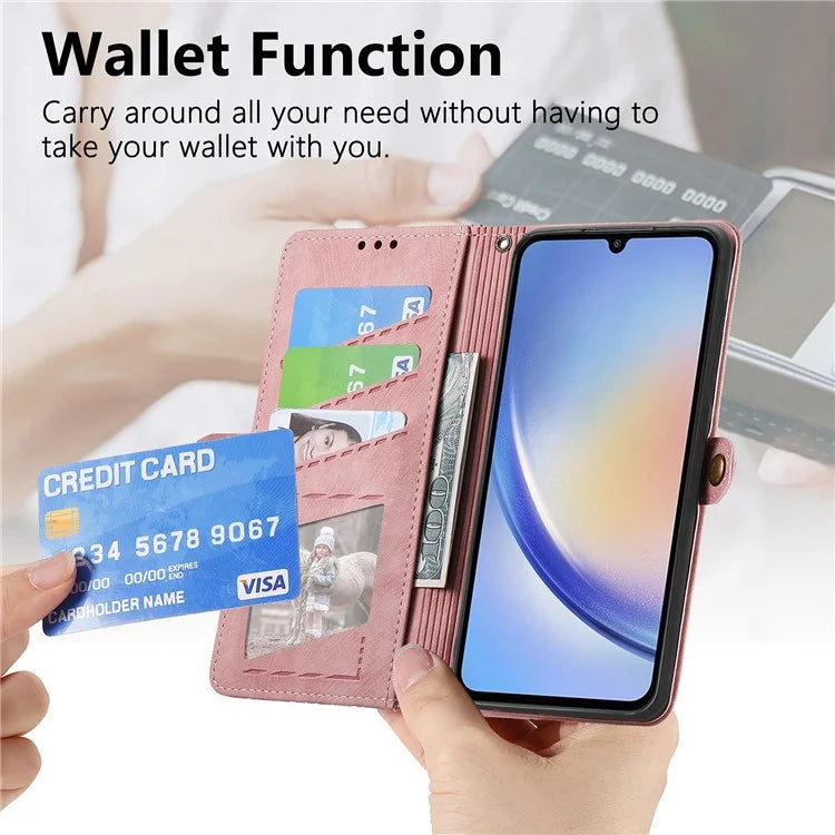 Flip Stand Phone Case for Samsung Galaxy A24 4G (162.1 X 77.6 X 8.3mm) Zipper Pocket Wallet Cell Phone Cover with Wrist Strap