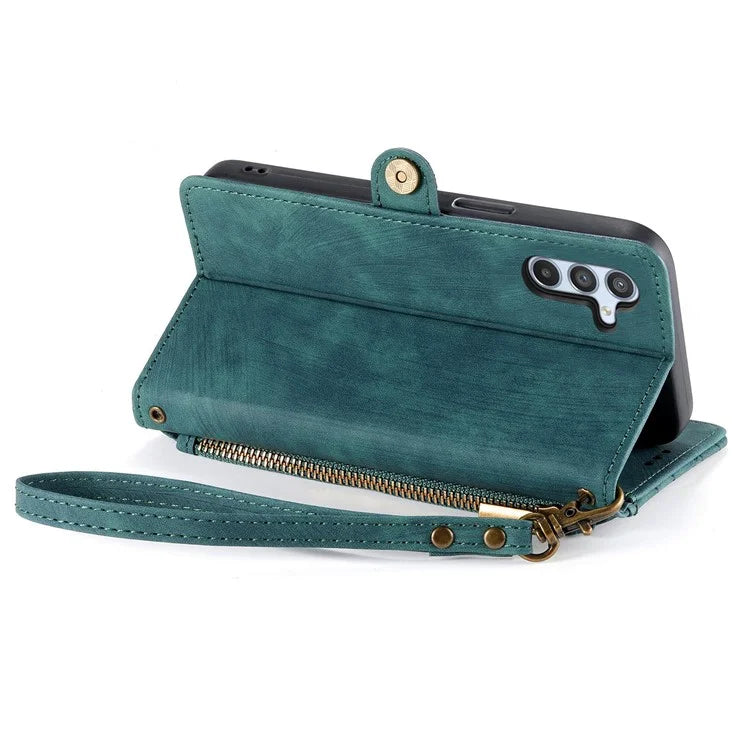 Flip Stand Phone Case for Samsung Galaxy A24 4G (162.1 X 77.6 X 8.3mm) Zipper Pocket Wallet Cell Phone Cover with Wrist Strap