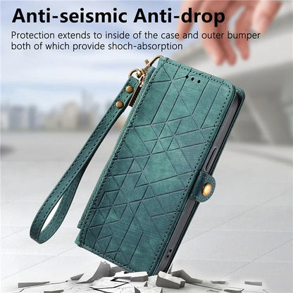 Flip Stand Phone Case for Samsung Galaxy A24 4G (162.1 X 77.6 X 8.3mm) Zipper Pocket Wallet Cell Phone Cover with Wrist Strap