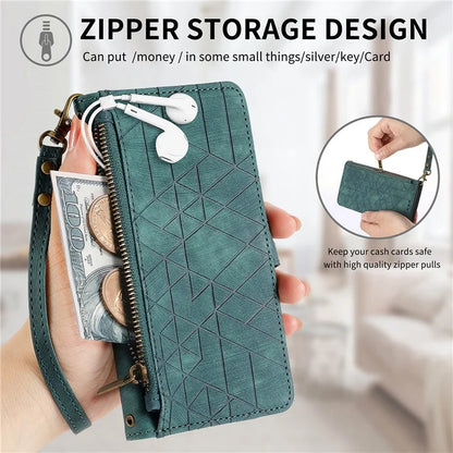Flip Stand Phone Case for Samsung Galaxy A24 4G (162.1 X 77.6 X 8.3mm) Zipper Pocket Wallet Cell Phone Cover with Wrist Strap