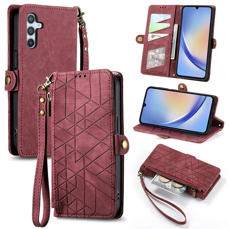 Flip Stand Phone Case for Samsung Galaxy A24 4G (162.1 X 77.6 X 8.3mm) Zipper Pocket Wallet Cell Phone Cover with Wrist Strap