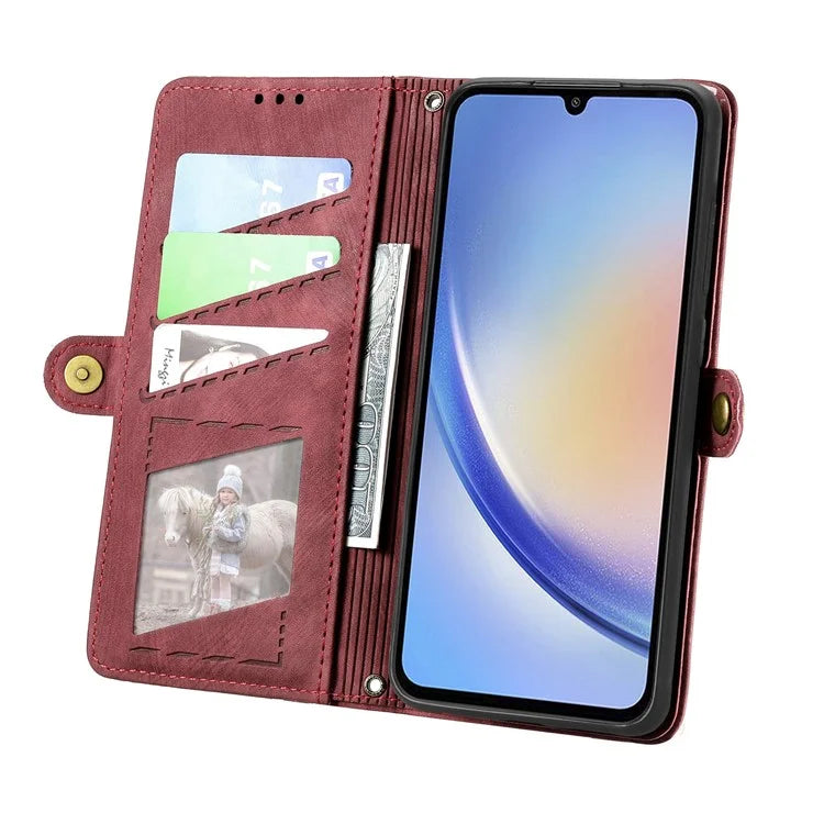 Flip Stand Phone Case for Samsung Galaxy A24 4G (162.1 X 77.6 X 8.3mm) Zipper Pocket Wallet Cell Phone Cover with Wrist Strap