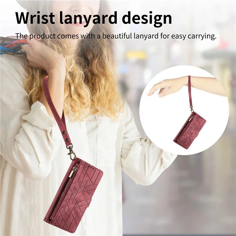 Flip Stand Phone Case for Samsung Galaxy A24 4G (162.1 X 77.6 X 8.3mm) Zipper Pocket Wallet Cell Phone Cover with Wrist Strap