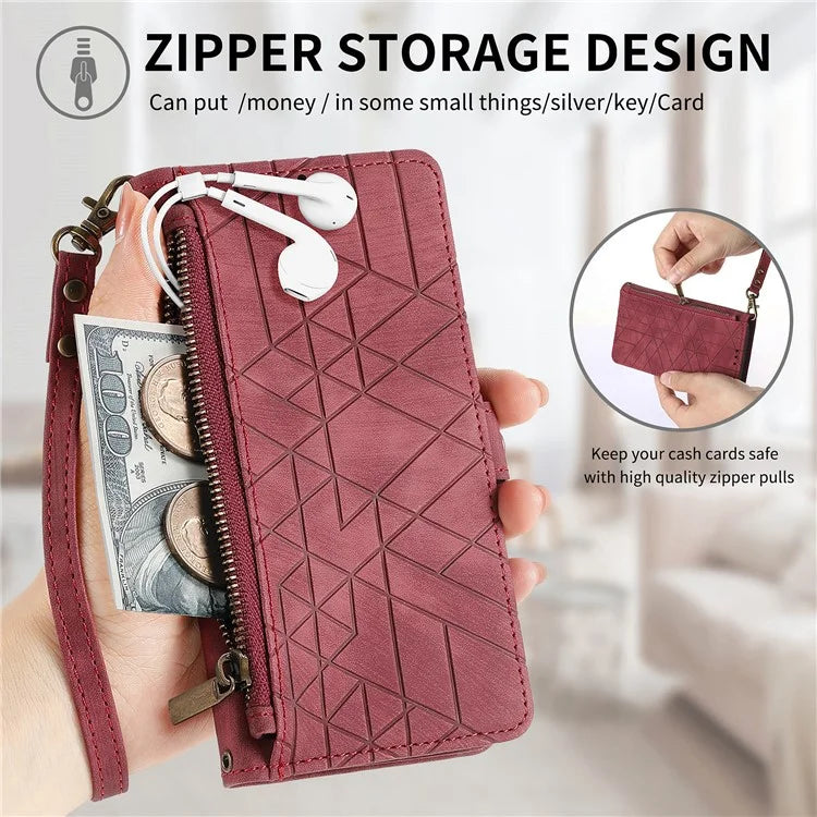 Flip Stand Phone Case for Samsung Galaxy A24 4G (162.1 X 77.6 X 8.3mm) Zipper Pocket Wallet Cell Phone Cover with Wrist Strap